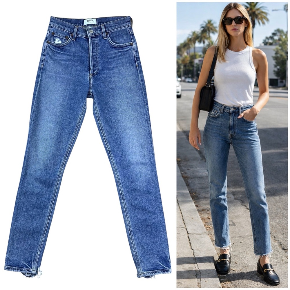Agolde Nico High Rise Straight Leg Jeans Size 24 Button Fly Distressed Blue USA